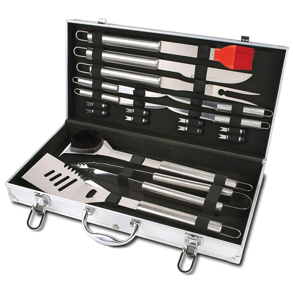 Chefs Basics HW5305 Juego de Utensilios de Cocina de 18 Piezas de Acero Inoxidable con espátula, Pinzas, Tenedores, Cepillo para Polvo y Funda de Transporte