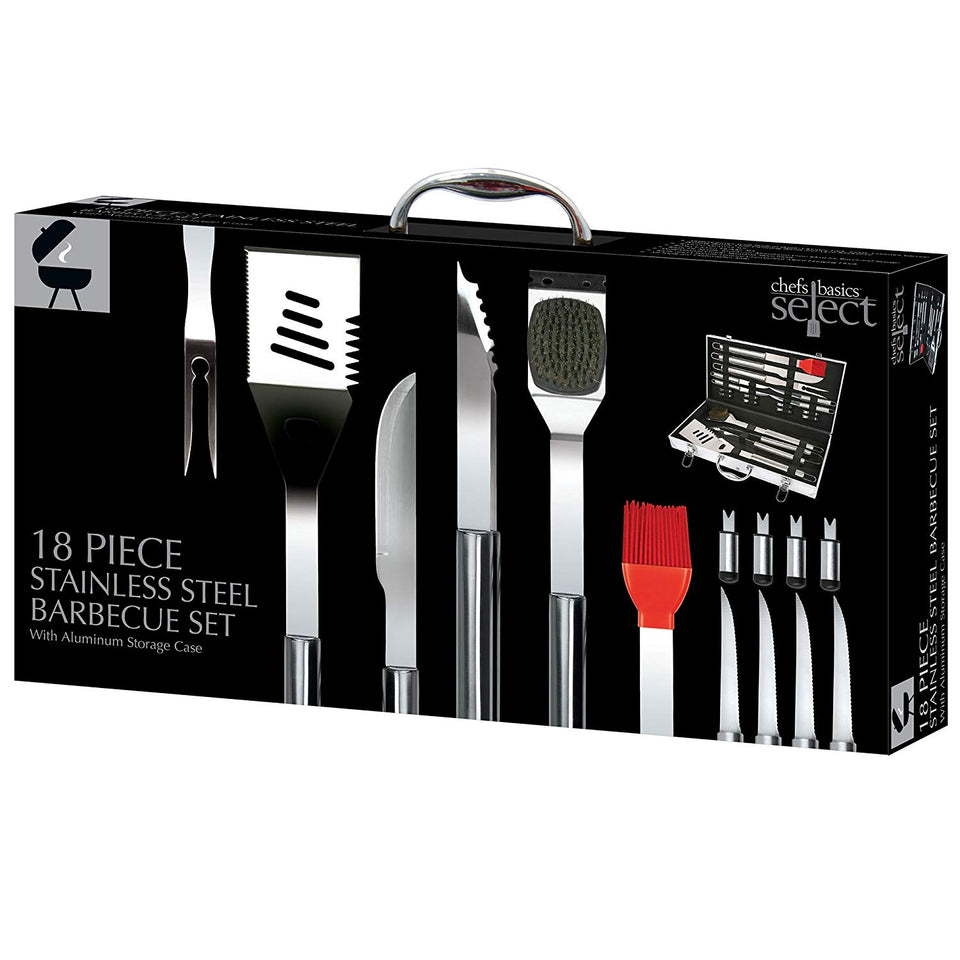 Chefs Basics HW5305 Juego de Utensilios de Cocina de 18 Piezas de Acero Inoxidable con espátula, Pinzas, Tenedores, Cepillo para Polvo y Funda de Transporte