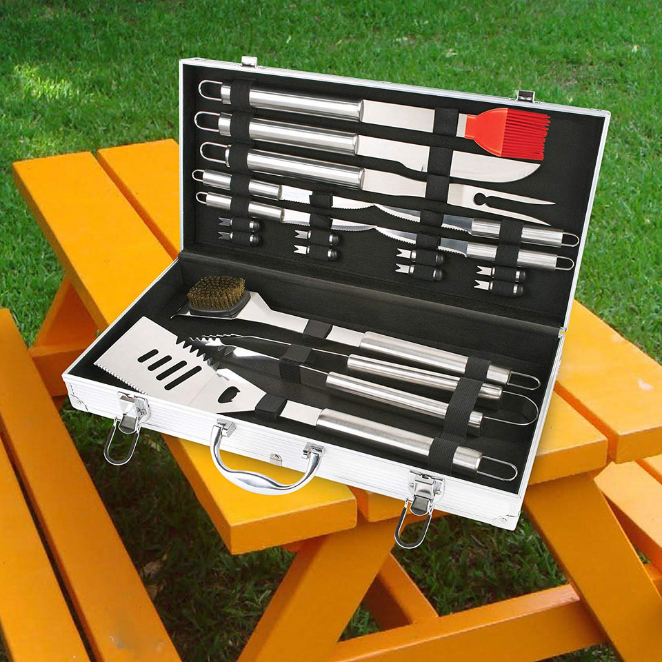 Chefs Basics HW5305 Juego de Utensilios de Cocina de 18 Piezas de Acero Inoxidable con espátula, Pinzas, Tenedores, Cepillo para Polvo y Funda de Transporte
